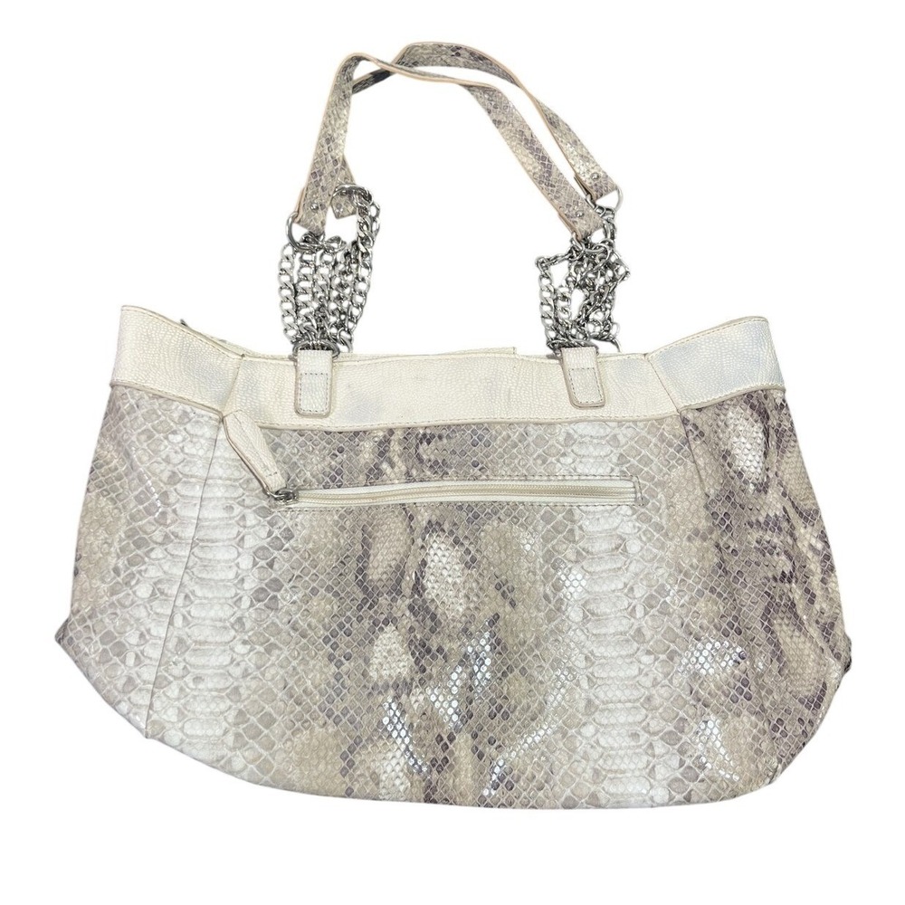 TJ Women's Snakeskin Print Tote Shoulder Bag White Gray Chain Accent Handbag